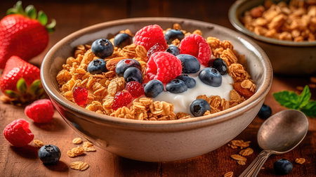 Bowl of homemade granola, sprinkled with fresh berries and yogurt, served with honey. Healthy and nutritious taste of breakfast dishes. Generative AIの素材