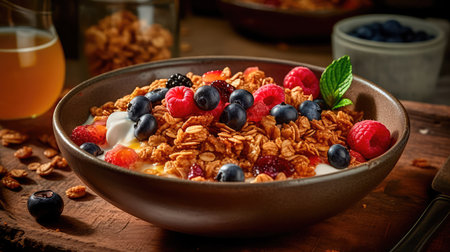 Bowl of homemade granola, sprinkled with fresh berries and yogurt, served with honey. Healthy and nutritious taste of breakfast dishes. Generative AIの素材