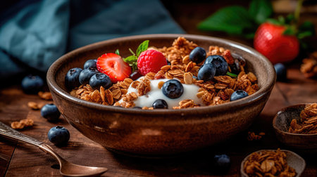 Bowl of homemade granola, sprinkled with fresh berries and yogurt, served with honey. Healthy and nutritious taste of breakfast dishes. Generative AIの素材