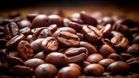 Freshly roasted coffee beans. The grains are tightly stacked to each other, filling the frame with their rich, earthy tones. Generative AIの素材