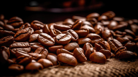 Freshly roasted coffee beans. The grains are tightly stacked to each other, filling the frame with their rich, earthy tones. Generative AIの素材