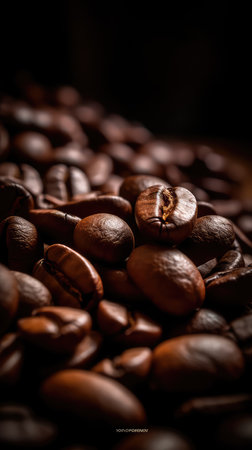 Freshly roasted coffee beans. The grains are tightly stacked to each other, filling the frame with their rich, earthy tones. Generative AIの素材