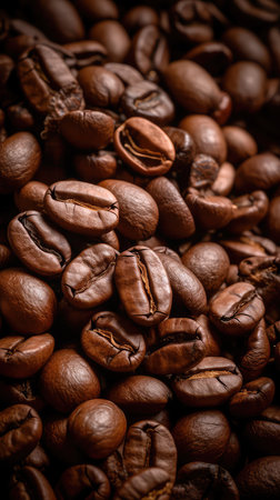 Freshly roasted coffee beans. The grains are tightly stacked to each other, filling the frame with their rich, earthy tones. Generative AIの素材