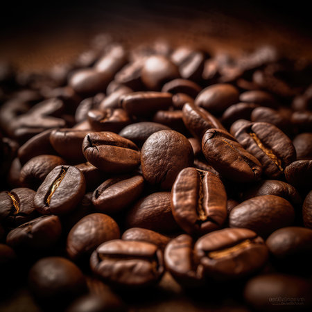 Freshly roasted coffee beans. The grains are tightly stacked to each other, filling the frame with their rich, earthy tones. Generative AIの素材