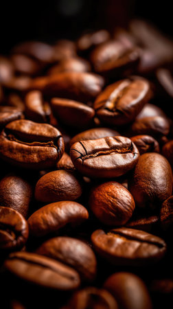 Freshly roasted coffee beans. The grains are tightly stacked to each other, filling the frame with their rich, earthy tones. Generative AIの素材