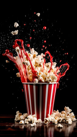 Red and white striped popcorn bucket, on a dark romantic background, with a stream of hot buttery popcorn falling out of the bucket and spilling onto the surface below. The illustration reflects the excitement and anticipation of a movie night. Generative AIの素材