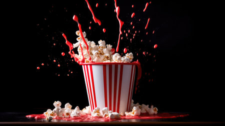 Red and white striped popcorn bucket, on a dark romantic background, with a stream of hot buttery popcorn falling out of the bucket and spilling onto the surface below. The illustration reflects the excitement and anticipation of a movie night. Generative AIの素材