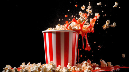 Red and white striped popcorn bucket, on a dark romantic background, with a stream of hot buttery popcorn falling out of the bucket and spilling onto the surface below. The illustration reflects the excitement and anticipation of a movie night. Generative AIの素材