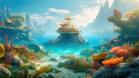 Under the water is a very detailed tide and a coral reef, above the water is a beautiful tropical island with large palm trees. Generative AIの素材