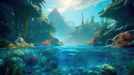 Under the water is a very detailed tide and a coral reef, above the water is a beautiful tropical island with large palm trees. Generative AIの素材