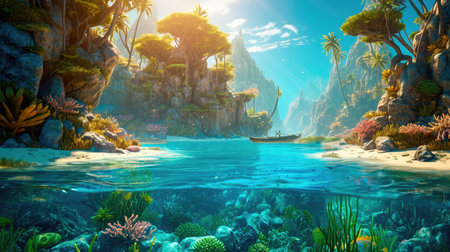 Under the water is a very detailed tide and a coral reef, above the water is a beautiful tropical island with large palm trees. Generative AIの素材