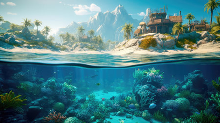 Under the water is a very detailed tide and a coral reef, above the water is a beautiful tropical island with large palm trees. Generative AIの素材