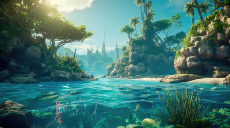 Under the water is a very detailed tide and a coral reef, above the water is a beautiful tropical island with large palm trees. Generative AIの素材