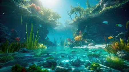 Under the water is a very detailed tide and a coral reef, above the water is a beautiful tropical island with large palm trees. Generative AIの素材