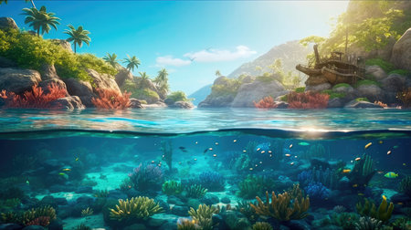 Under the water is a very detailed tide and a coral reef, above the water is a beautiful tropical island with large palm trees. Generative AIの素材