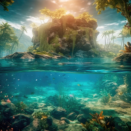 Under the water is a very detailed tide and a coral reef, above the water is a beautiful tropical island with large palm trees. Generative AIの素材