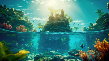 Under the water is a very detailed tide and a coral reef, above the water is a beautiful tropical island with large palm trees. Generative AIの素材