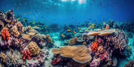 Group of colorful fish and sea animals with colorful coral underwater in the ocean. Generative AIの素材