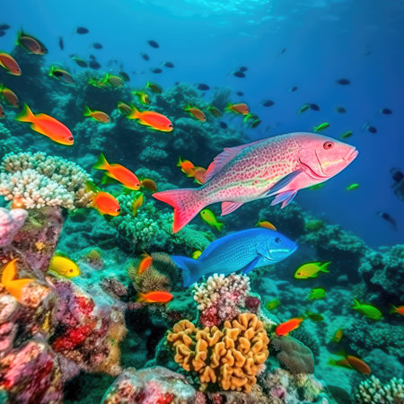 Group of colorful fish and sea animals with colorful coral underwater in the ocean. Generative AIの素材