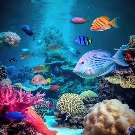 Group of colorful fish and sea animals with colorful coral underwater in the ocean. Generative AIの素材