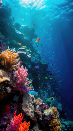 Group of colorful fish and sea animals with colorful coral underwater in the ocean. Generative AIの素材