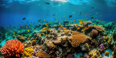 Group of colorful fish and sea animals with colorful coral underwater in the ocean. Generative AIの素材