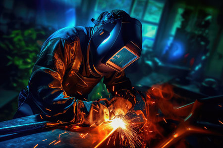 The welder is dressed in appropriate protective equipment for welding, performs the process of welding metal, producing numerous sparks. Generative AIの素材