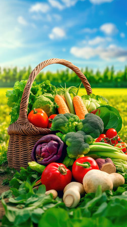 Fresh vegetables and herbs in a large basket on the background of field green plants. Generative AIの素材