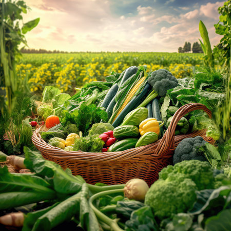 Fresh vegetables and herbs in a large basket on the background of field green plants. Generative AIの素材