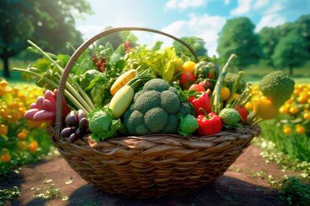 Fresh vegetables and herbs in a large basket on the background of field green plants. Generative AIの素材