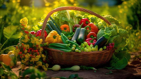 Fresh vegetables and herbs in a large basket on the background of field green plants. Generative AIの素材