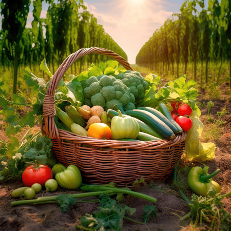 Fresh vegetables and herbs in a large basket on the background of field green plants. Generative AIの素材