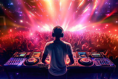 DJ wearing headphones standing in front of a crowded stage. Multicolored lights flashed everywhere. Generative AIの素材