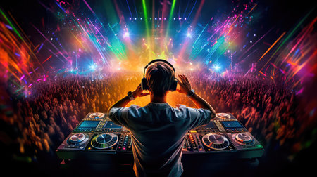 DJ wearing headphones standing in front of a crowded stage. Multicolored lights flashed everywhere. Generative AIの素材
