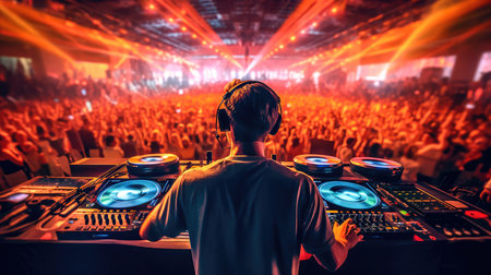 DJ wearing headphones standing in front of a crowded stage. Multicolored lights flashed everywhere. Generative AIの素材