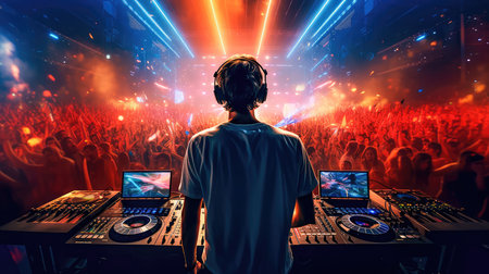 DJ wearing headphones standing in front of a crowded stage. Multicolored lights flashed everywhere. Generative AIの素材