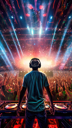 DJ wearing headphones standing in front of a crowded stage. Multicolored lights flashed everywhere. Generative AIの素材
