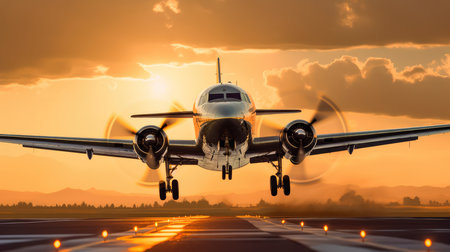 Airplane taking off in the rays of the setting sun. Runway shot of plane taking off at sunset. Generative AIの素材