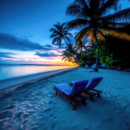 Evening landscape on a tropical island. Maldives with palm trees and sun loungers. Generative AIの素材