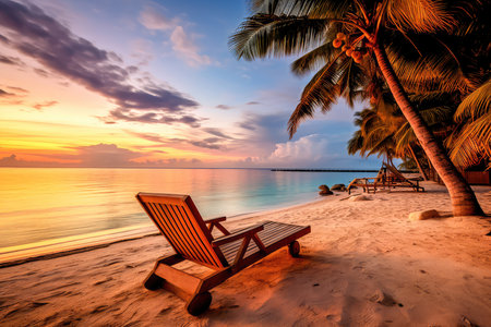 Evening landscape on a tropical island. Maldives with palm trees and sun loungers. Generative AIの素材