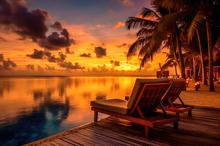Evening landscape on a tropical island. Maldives with palm trees and sun loungers. Generative AIの素材