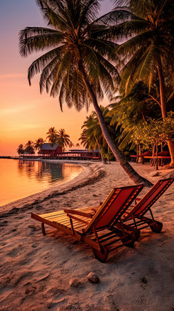 Evening landscape on a tropical island. Maldives with palm trees and sun loungers. Generative AIの素材