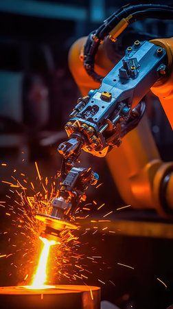 Robotic arm welding precise metal joints with high-speed torch. Generative AIの素材