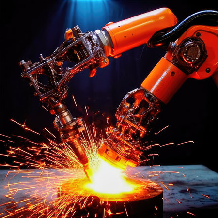 Robotic arm welding precise metal joints with high-speed torch. Generative AIの素材