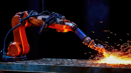 Robotic arm welding precise metal joints with high-speed torch. Generative AIの素材