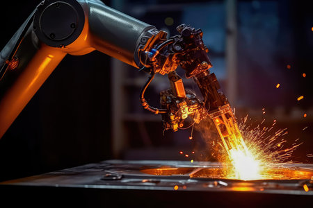 Robotic arm welding precise metal joints with high-speed torch. Generative AIの素材