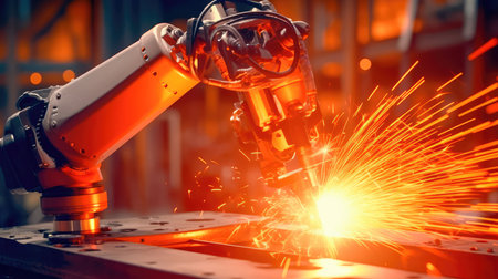 Robotic arm welding precise metal joints with high-speed torch. Generative AIの素材