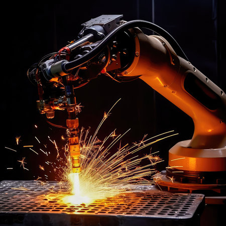 Robotic arm welding precise metal joints with high-speed torch. Generative AIの素材