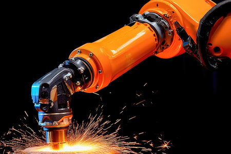 Robotic arm welding precise metal joints with high-speed torch. Generative AIの素材