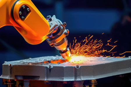 Robotic arm welding precise metal joints with high-speed torch. Generative AIの素材